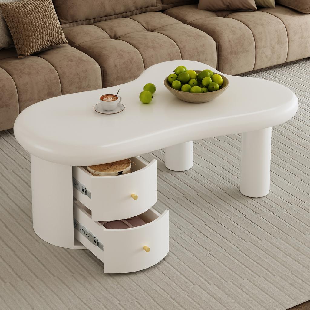Modern White Coffee Table with Irregular Shape - 2 Drawers, Space-saving, Stylish, Sturdy - Perfect for Living Room & Multi-purpose Use