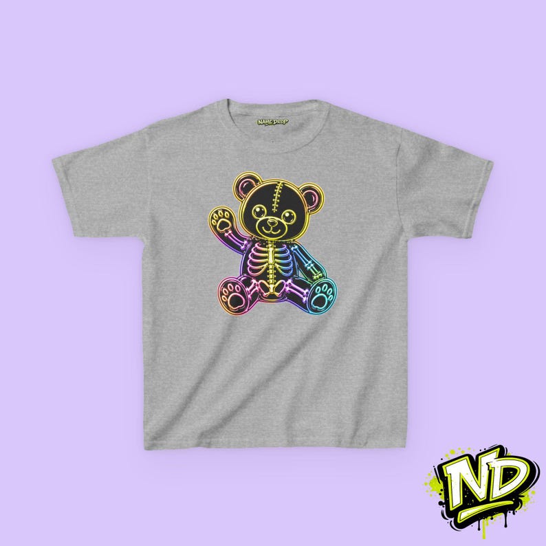 Neon Skeleton Teddy Bear Kids T-Shirt, Glow-Up Graphic Tee, US Cotton Apparel