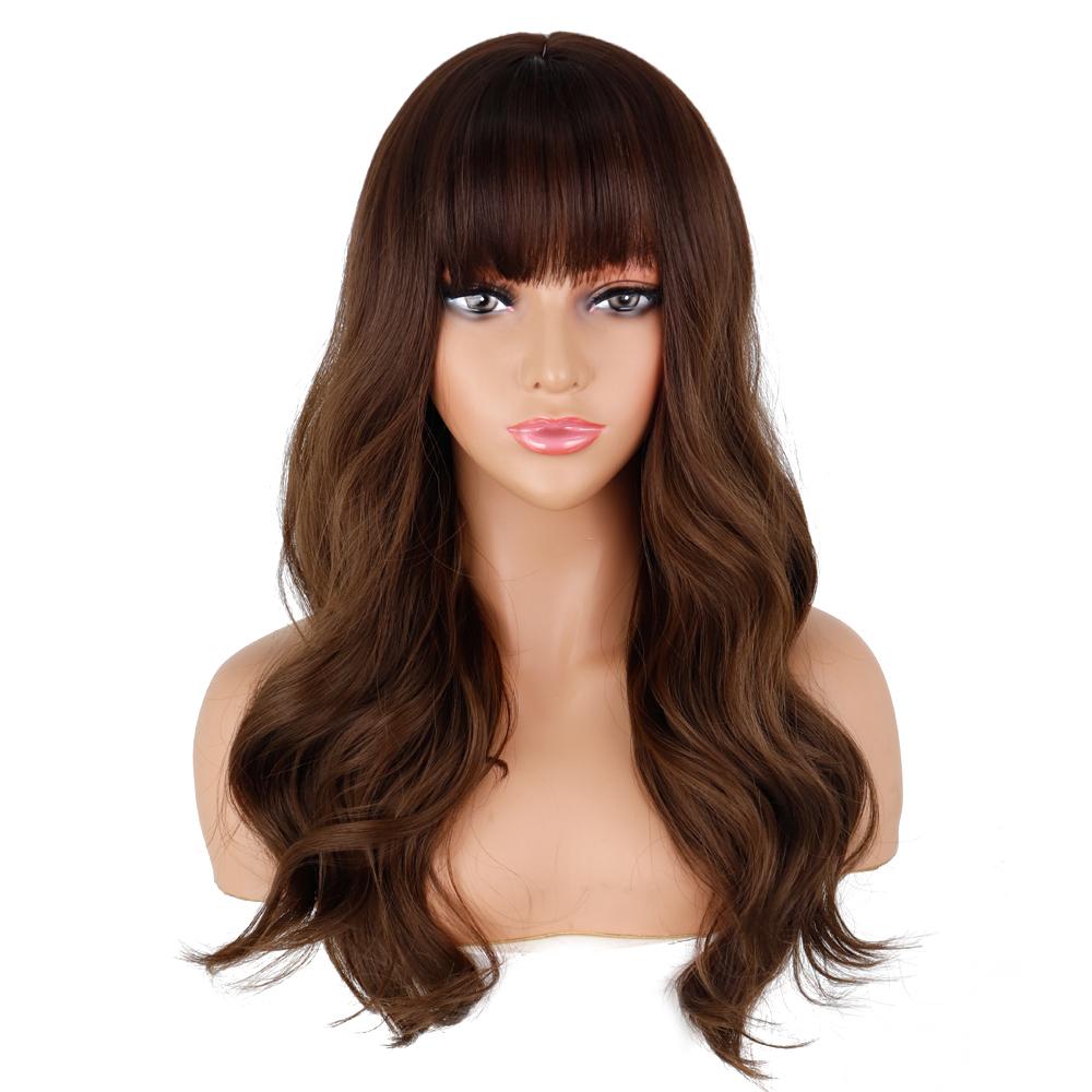 MERISIHAIR Long Black Synthetic Wigs with Bangs Water Wave Heat Resistant Fiber Wig for Women Natural Wavy Wig Daily Wear
