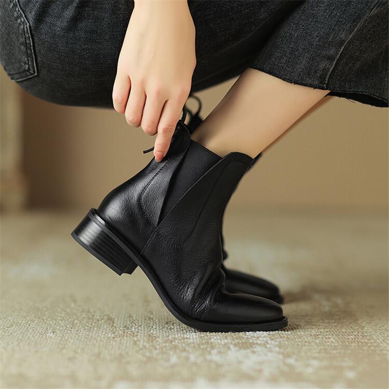 Модные ботильоны из натуральной кожи Осень/Зима Женская обувь Круглый носок Массивный каблук Ботильоны для женщин Модные Ретро ботильоны Ручная работа