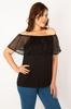 Women's Big Size Blouse Plus Size Black Lace Flounce Blouse with Elastic Collar
