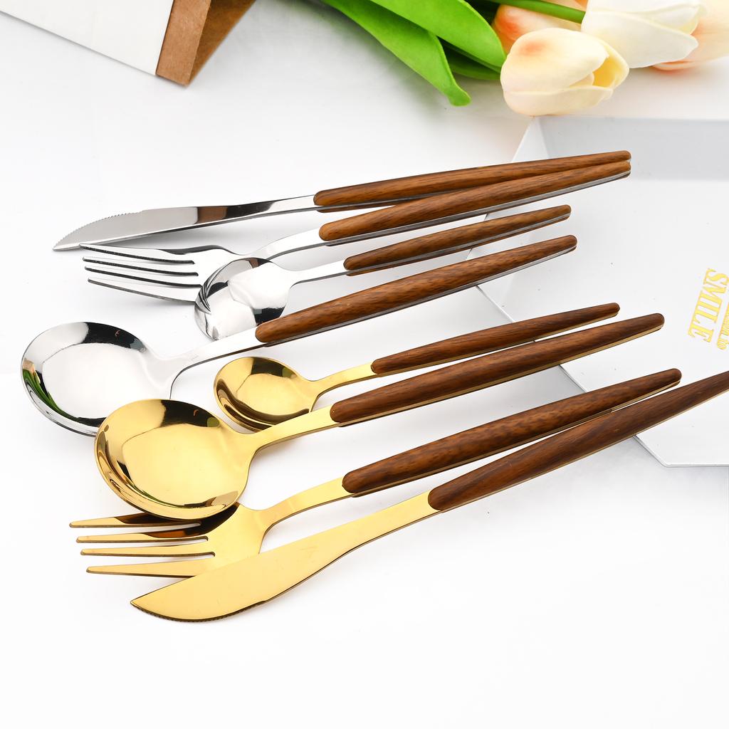 20Pcs Wooden Handle Dinnerware Steak Knife Coffee Spoon Cake Fork Set Mirror Stainless Steel Tableware Kitchen Utensils Eating Silverware