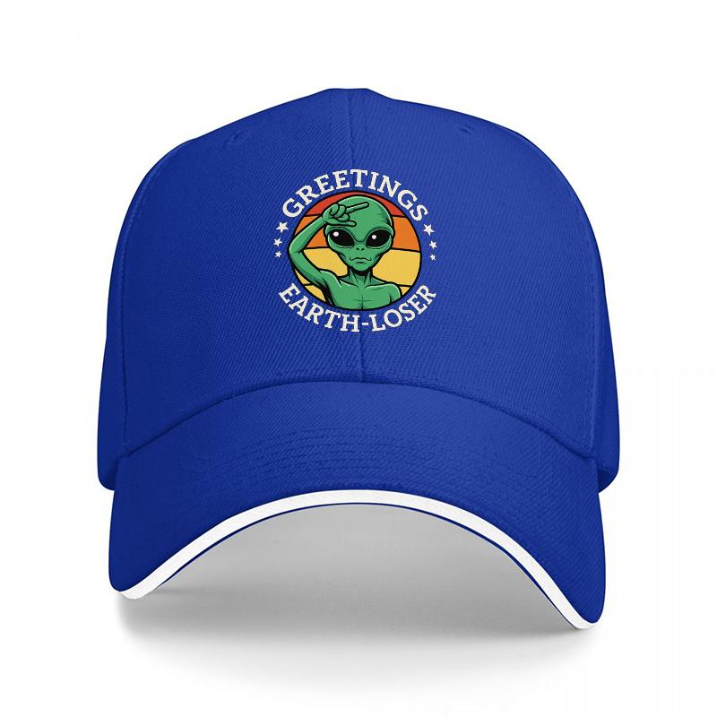 Greetings Earth Loser Alien Baseball Cap Retro Vintage Style Black Hat with Green UFO Design for Unisex and Women