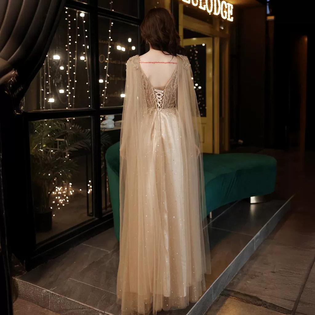 Toast clothes Bridal engagement evening dress Women's 1011 new art test light luxury long khaki V-neck bead dress