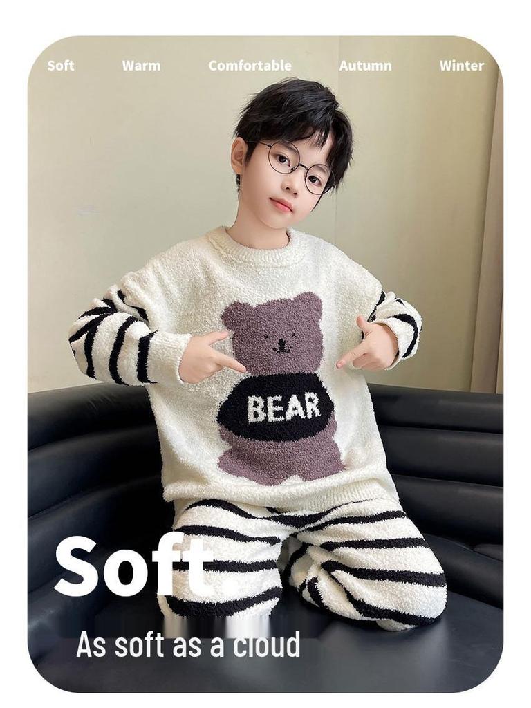Полосатый мультяшный пижамный комплект для мальчиков на осень/зиму: Мягкий, Плотный и Пушистый Двухпредметный