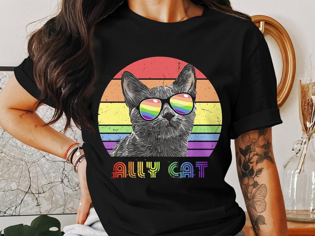 Rainbow Ally Cat T-Shirt, Colorful LGBT Pride Graphic Tee, Unisex Cat Lover Statement Shirt