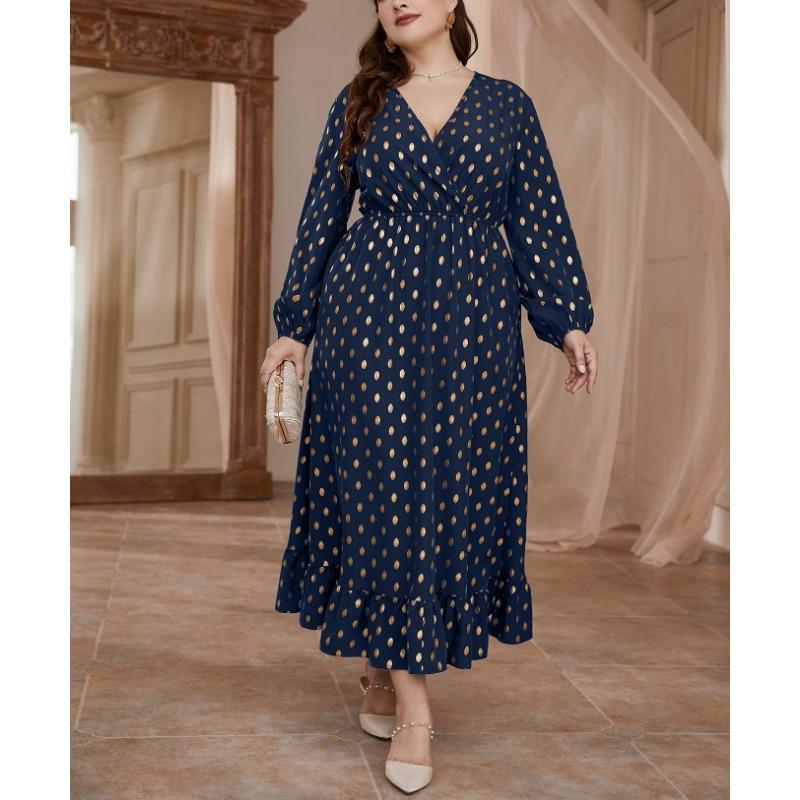 Плюс Размер Женщин Высокая Талия Горошек Новое Платье Эластичный Пояс Принт