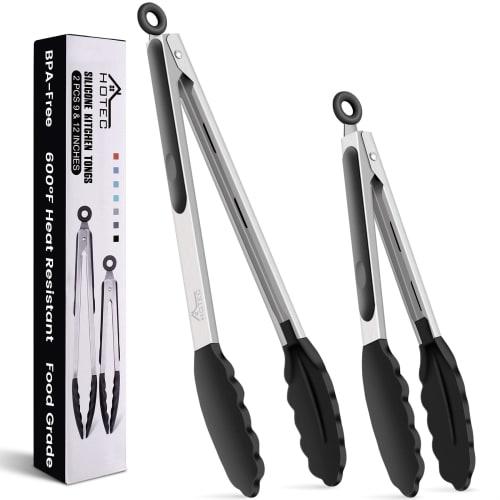 Hotec Tongs, Stainless Steel Kitchen Tongs, Silicone Tongs for BBQs and Grills, Heat-Resistant, Antibacterial, Lockable Storage, Set of 2 (Black), 23c