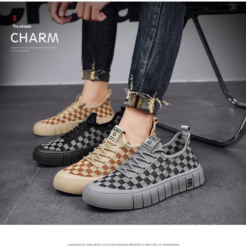 Fashion Plaid Casual Sneakers for Men  Platform Breathable Flats Shoes for Men's Lace-up Khaki Shoes Color Matching Designer Sneakers