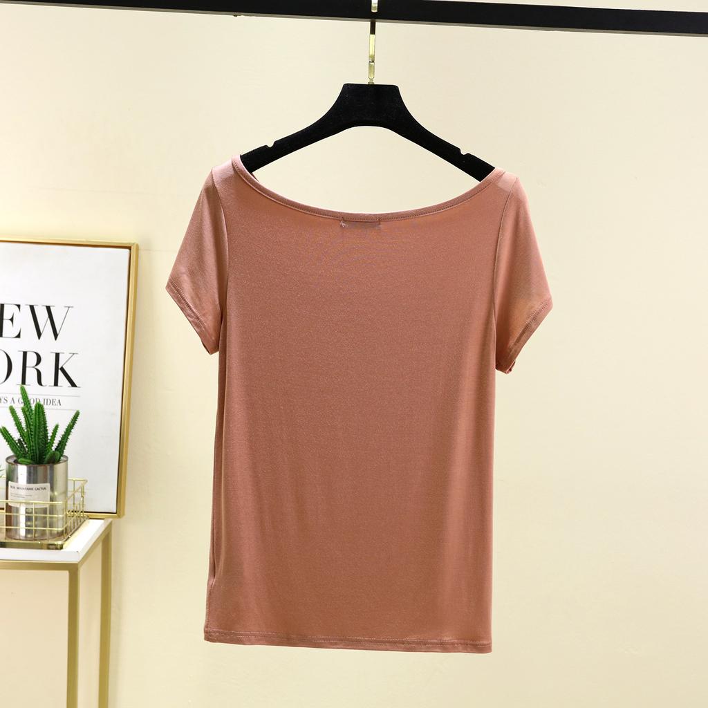 Модал с короткими рукавами и открытой спиной Футболки женские лодочки с открытыми плечами Футболка Однотонный цвет Свободный базовый слой Топ Большие размеры простые Майки