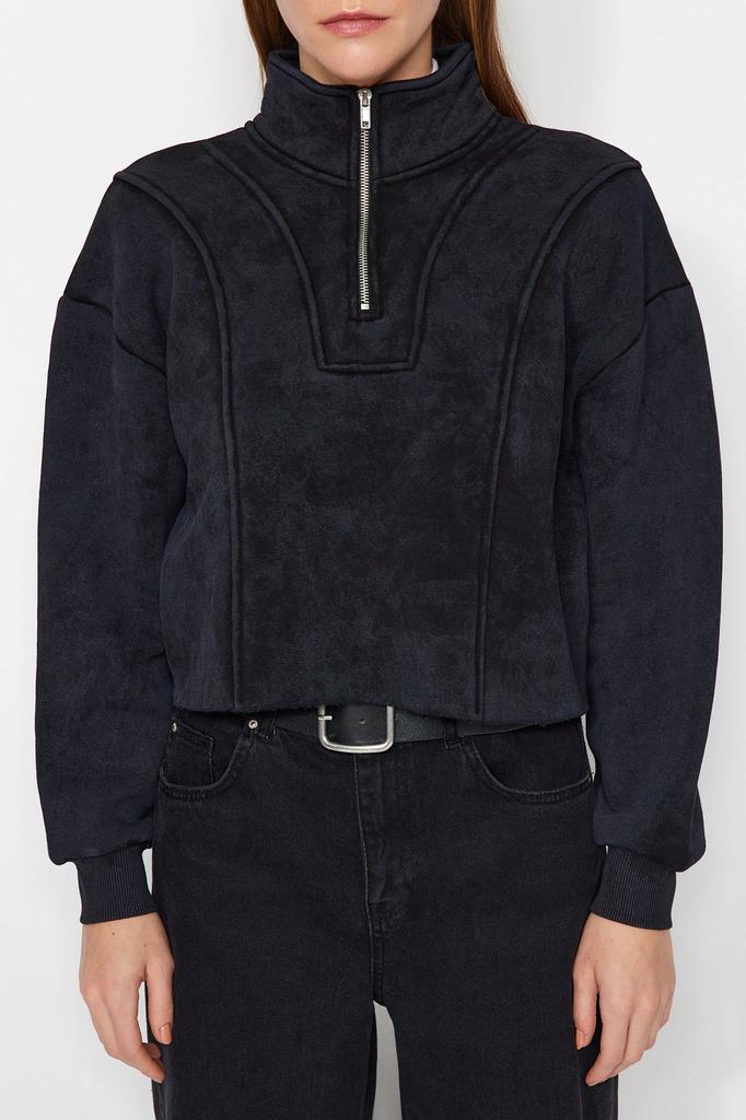 Женская модная стильная толстовка антрацитового цвета с эффектом античного выцветания, толстый флис внутри, удобный крой, укороченный вязаный свитшот