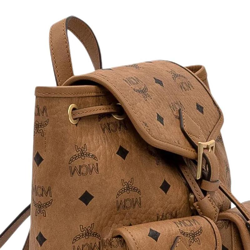 MCM Classic Logo Buckle Leather Backpack Regular Women backpack Brown MWKFATA02