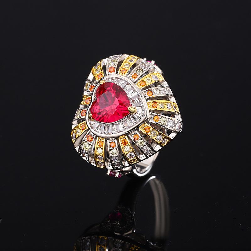 New European and American fashion simulation red corundum heart-shaped set women's jewelry light luxury high-end ring necklace