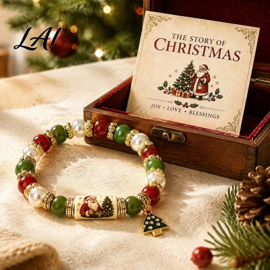 Reindeer Theme Bracelet Christmas Bracelets for Women Beaded Charm Stretch with Card Holiday Jewelry Gift Stocking Stuffers Party Accessory Women