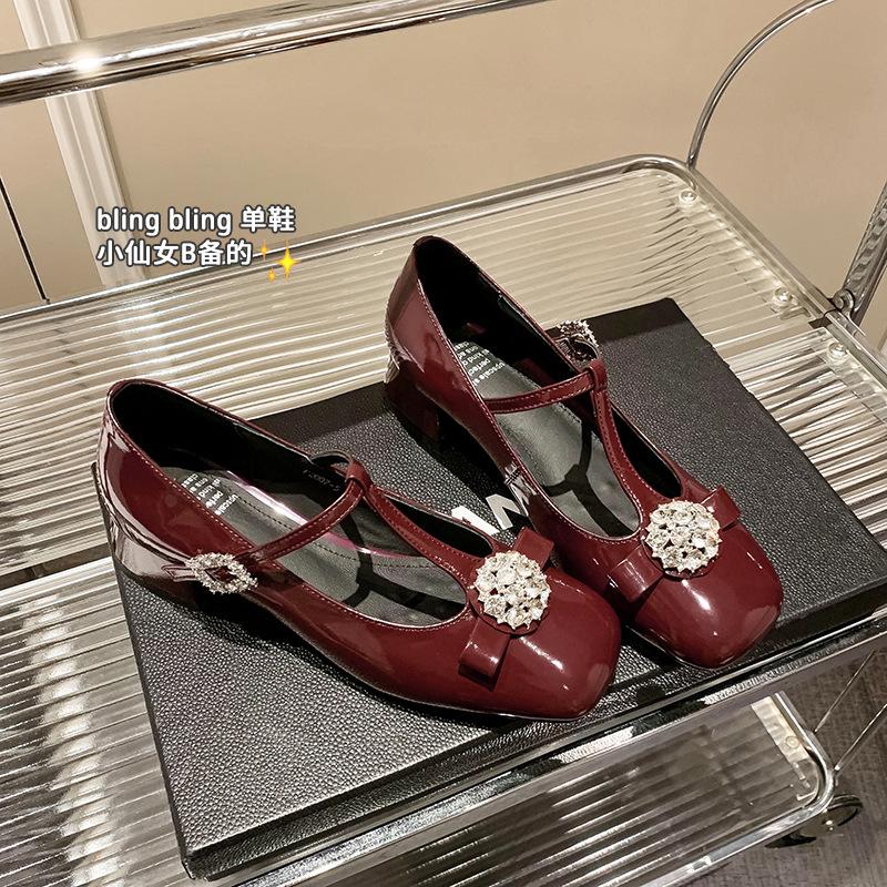 Весна 2025 новые туфли Мэри Джейн фея стразы бант французская кожа Т-образные туфли на толстом каблуке