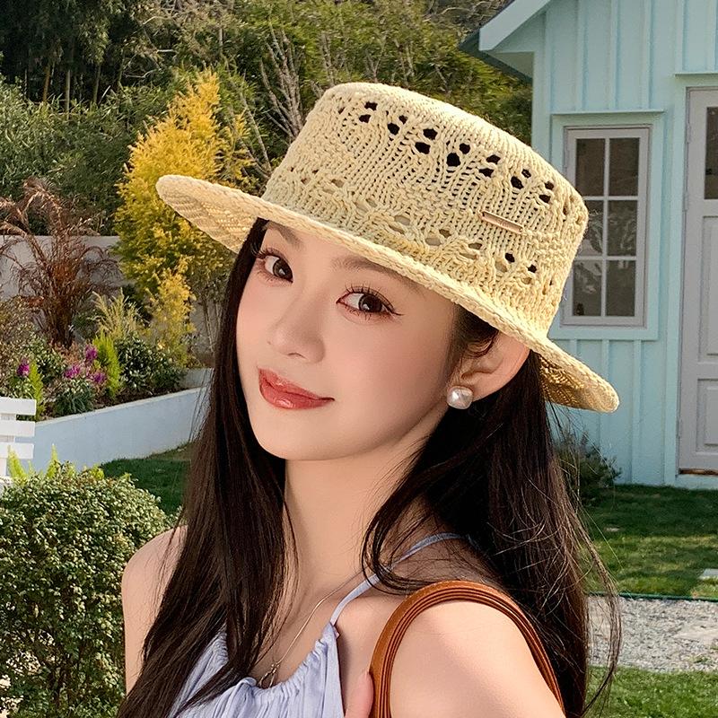 French hollow breathable knitted straw hat children's spring and summer new flat top top hat versatile seaside beach straw hat
