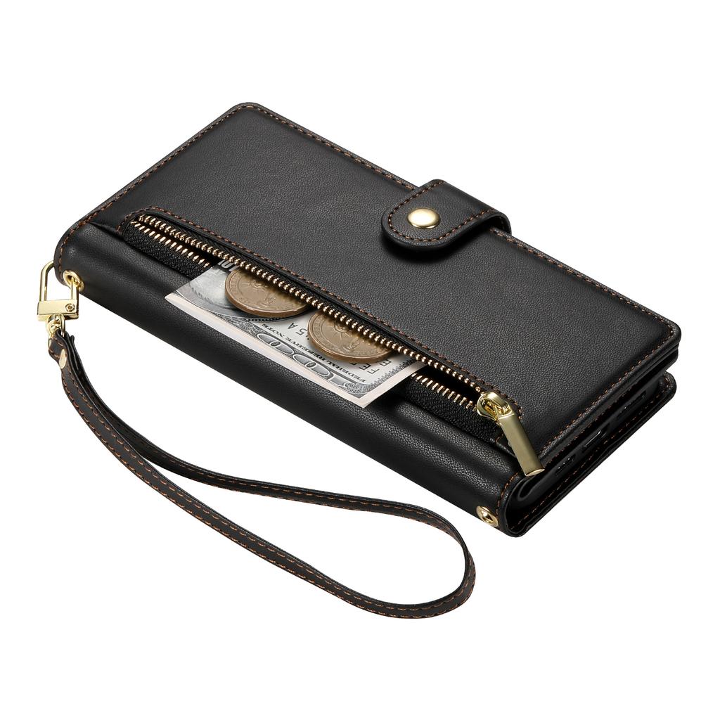 DF-011 For Samsung Galaxy S24+ Case Zipper Pocket Stand Leather Phone Cover with Straps
