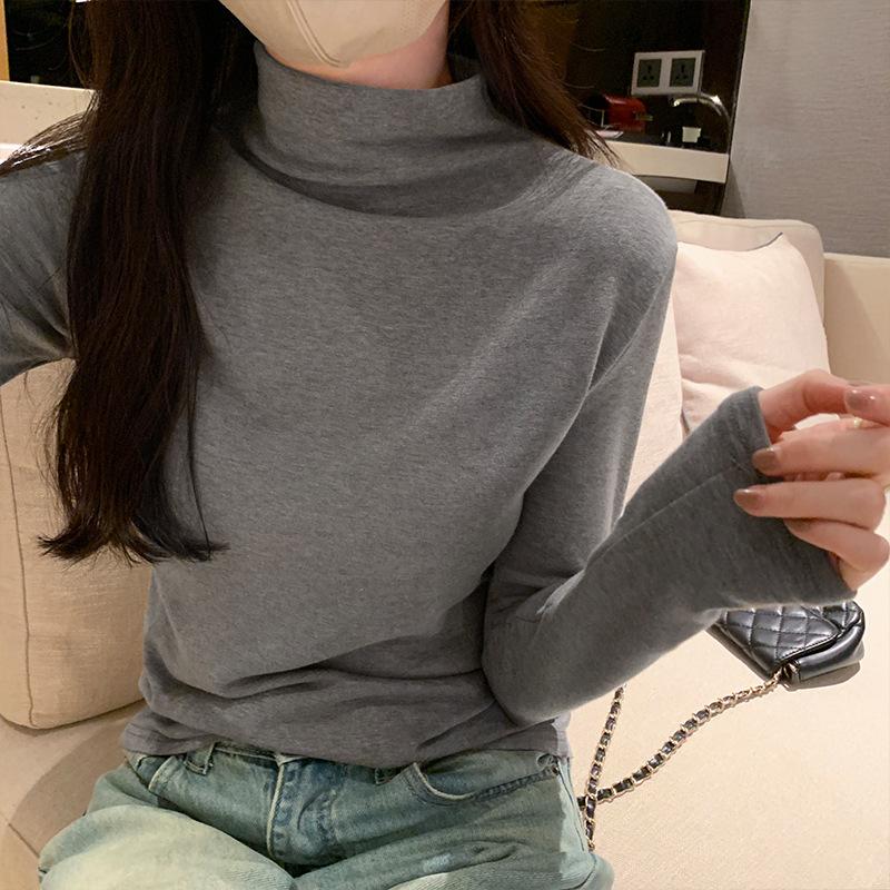 Однотонная рубашка с воротником-полуворотом для женщин на осень и зиму, новая облегающая футболка с короткими внутренними длинными рукавами, универсальный топ