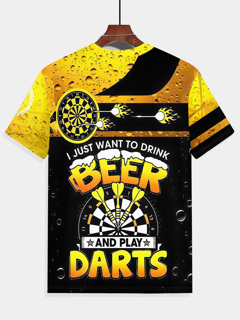 Summer 3D Printed Men'S Round Neck Tee – Beer And Darts Theme, Casual Fashion Outdoor Top for Relaxing Or Workout, Perfect Gift for Game Nights And