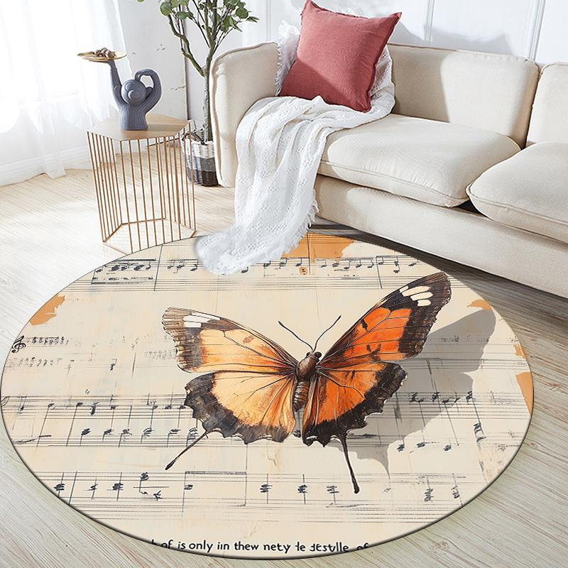 Vintage Butterfly Sheet Music,Round Area Rug,Carpet Rug for Living Room Bedroom Sofa Playroom Decor,Non-slip Floor Mat
