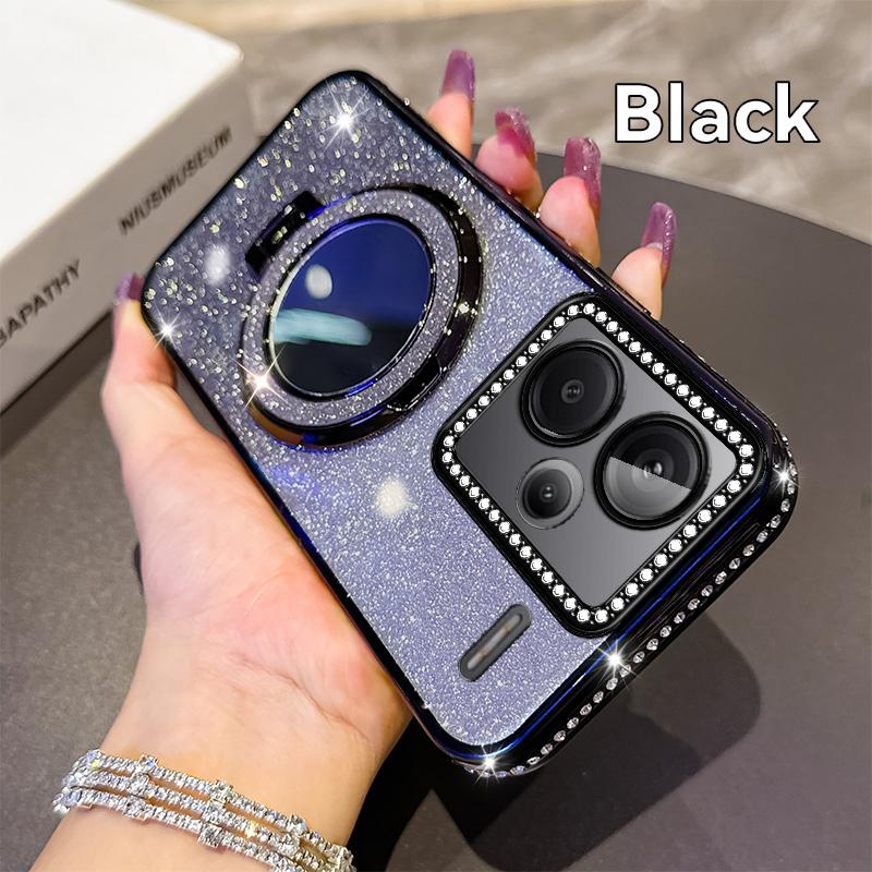 KEYSION Glitter Jewelled Magnetic Phone Case for Redmi Note 13 4G 13 Pro+5G Mirror Stand Shockproof Cover for Xiaomi POCO X6 M6 Pro