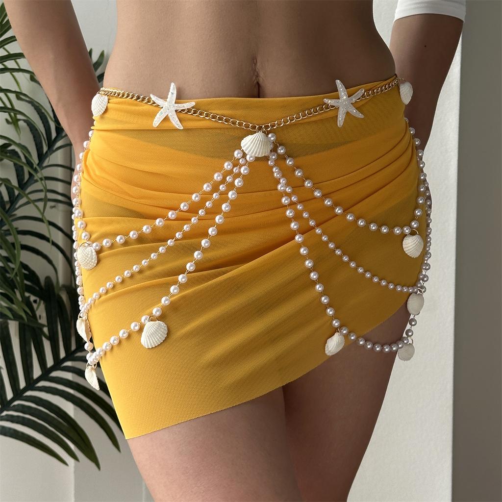Summer Starfish Shell Layered Waist Chain for Women Gold Tone Adjustable Multi Strand Beach Body Chain Bohemian Jewelry