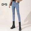 Women Winter Plush Jeans High Waist Thick Velvet Lined Slim Fit Pencil Pants Button Zipper Closure Pockets Straight Leg Trousers for Street to Party