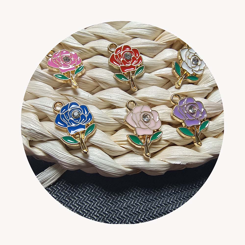 100Pcs Rose Alloy Enamel Pendants With Rhinestone Flower Metal Charms for Necklace Bracelet Jewelry Making Gift