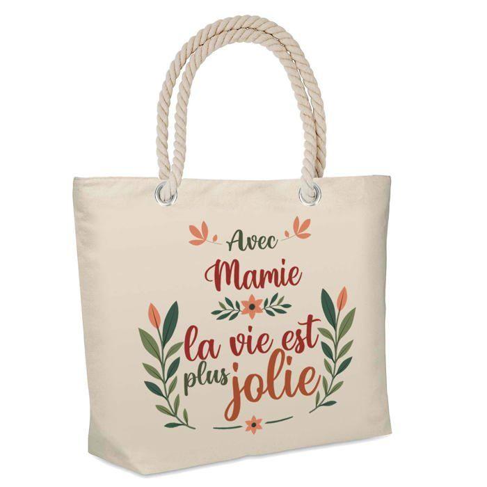 Sac cabas - PLANETEE - Sac isotherme de plage «Mamie la vie est plus jolie» - Jute naturel - Grande contenance - Imprimé en France