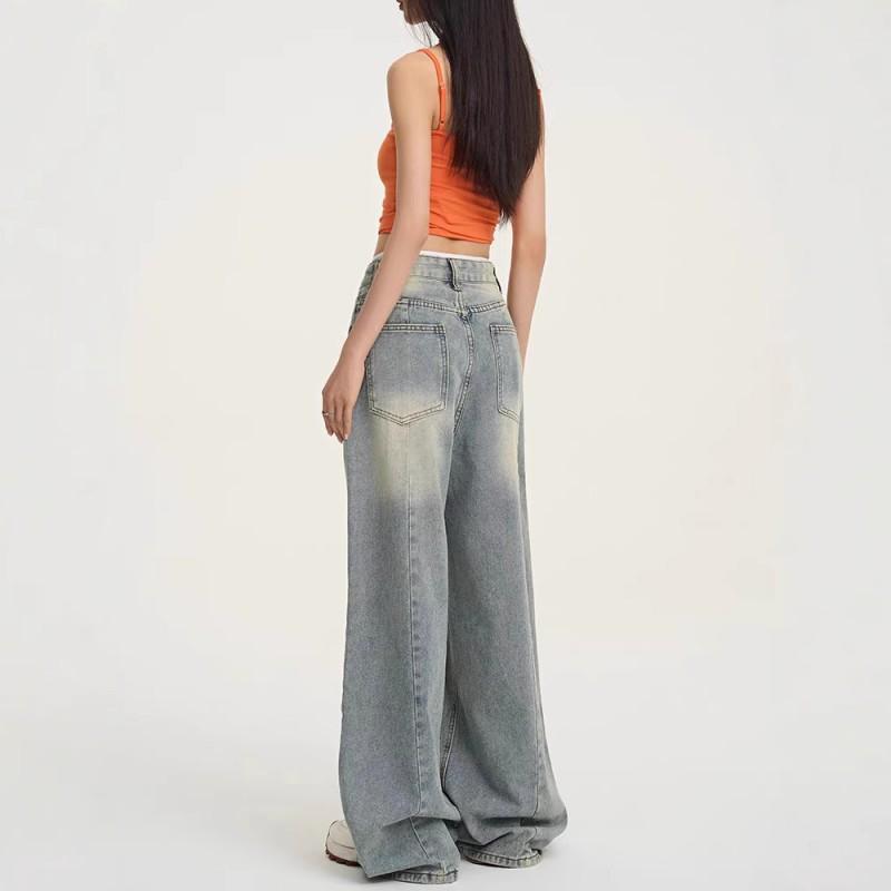 Womens High-Waisted Wide Leg Jeans Loose Fit Straight Cut Denim Pant Street Style
