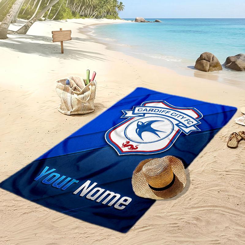 Cardiff City Personalized Printed Beach Towel Soccer Logo Support Custom Name Text Absorbent Towel For Sport Travel Special Gift
