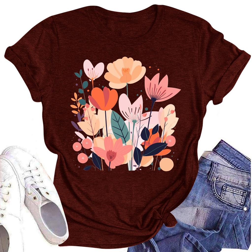 Женская повседневная футболка с круглым вырезом и цветочным принтом, короткий рукав
