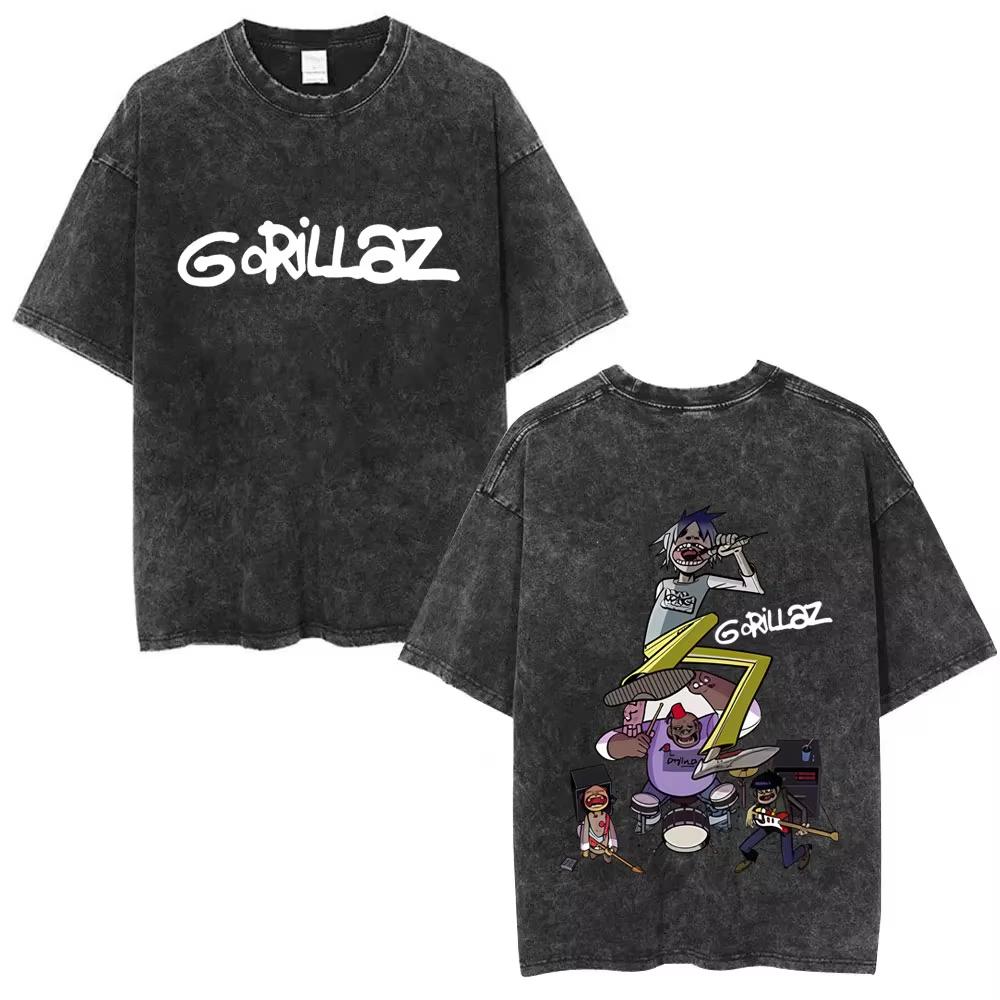 Washed Vintage Rock Band Gorillaz Album Graphic T-shirt Men's Women Hip Hop Fashion Oversized T Shirts Male Cotton Streetwear