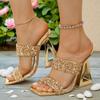 Fashion Summer Gold Sequined High Heel Sandals Women Fashion Square Toe Strange Heeled Slippers Woman Shiny Rhinestone Party Dress Shoes