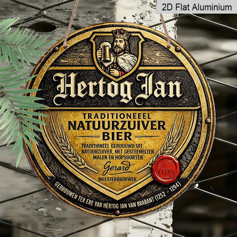 Плоский 2D, 1 шт. Круглый алюминиевый знак пива Hertog Jan, Винтажный голландский дизайн этикетки "Natuurzuiver Bier", Ретро-дизайн с эффектом потертости, Золотой и черный принт, Водонепроницаемый