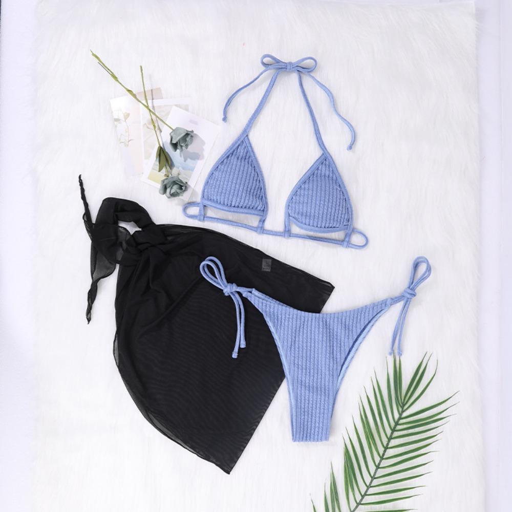 Европейский и американский трикотажный раздельный купальник со шнуровкой, комплект из трех частей с пряжей, сексуальный комплект бикини
