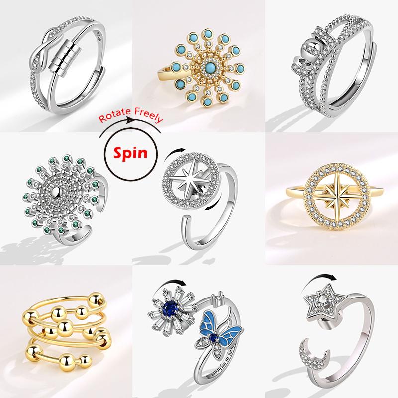 Fashion Beads Anxiety Ring Fidget Spinner Rings Korea Crystal Butterfly Flower Star Moon Ring Anti Stress Jewelry Gift