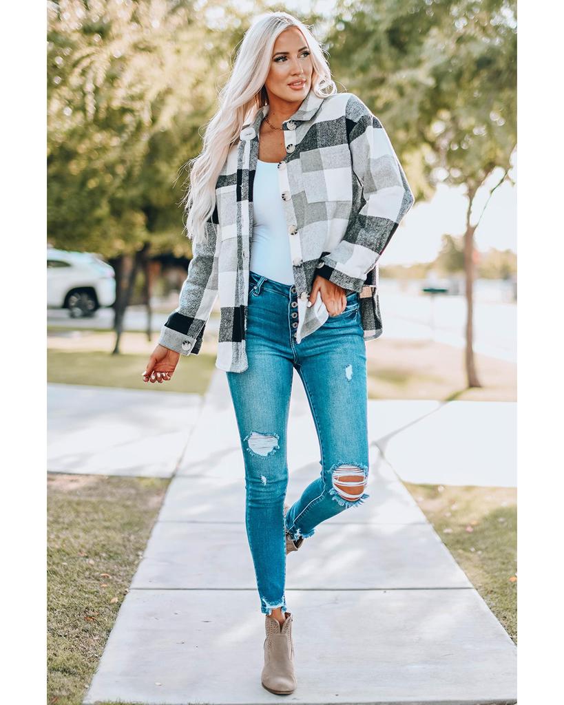 Azura Exchange Color Block Plaid Buttoned Jacket with Pocket