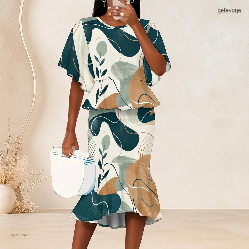 Women Plus Size Abstract Printed Round Neck Batwing Sleeve Ruffle Hem Top Fishtail Skirt Two Piece Set