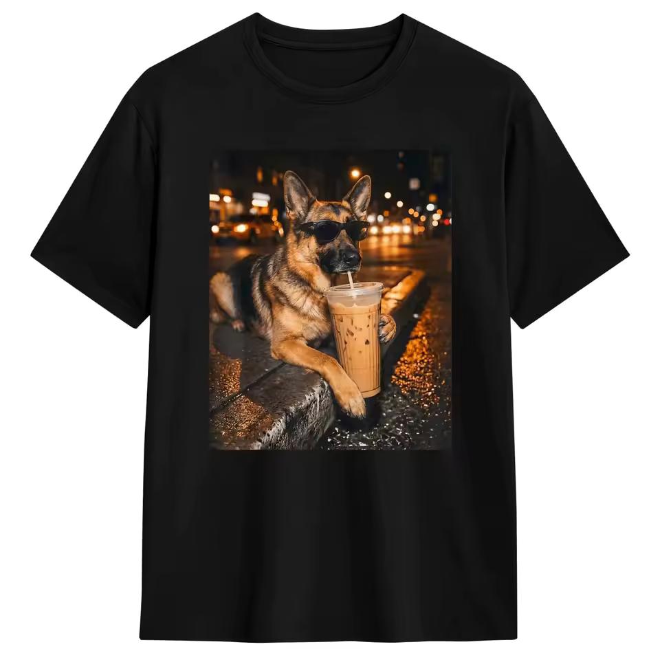 madam T Shirt German Shepherd Drinking Iced Coffee Funny Dog Lover Meme T-Shirts Popular Summer Tee Shirt Clothes