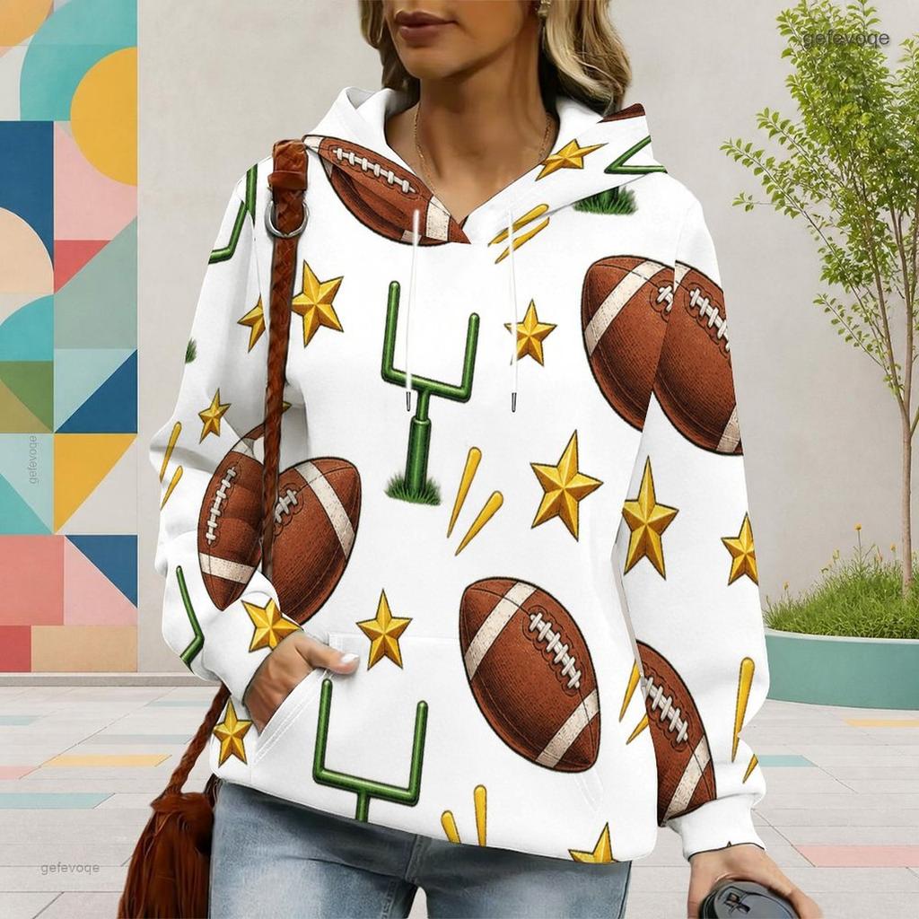 Women Plus Size White Football Star Print Long Sleeve Drawstring Hood Kangaroo Pocket Pullover Hoodie