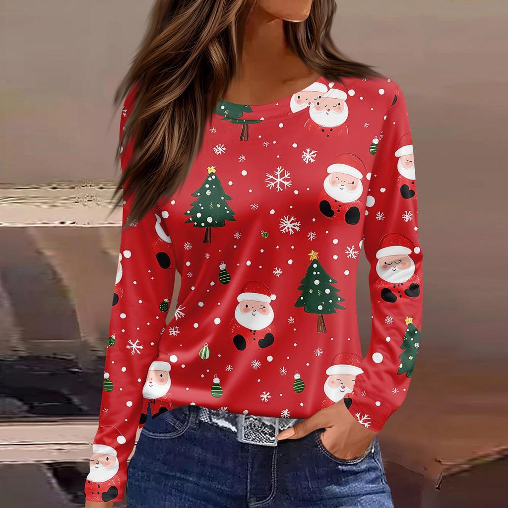 Женская модная повседневная футболка с разрезом по низу, круглым вырезом, длинными рукавами, свободного кроя, с рождественским принтом, женский топ