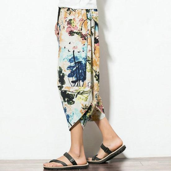 Штаны-алладины с завышенной талией, эластичный пояс на шнурке, карманы, укороченные, этнический стиль, ретро-принт