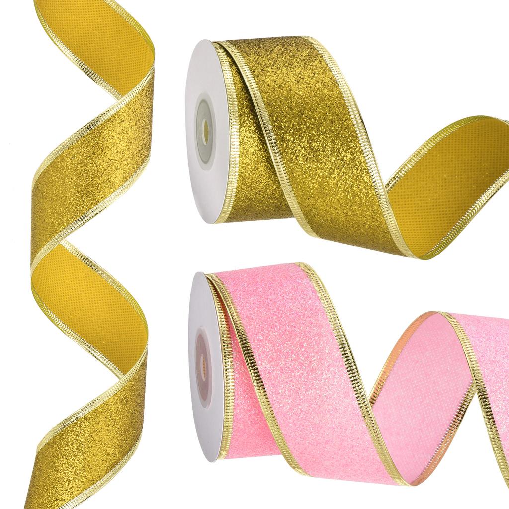 Christmas Ribbon Metallic Wired Gift Wrapping Shine Ribbon Satin for Craft Birthday Wedding Festival Decoration 20 Yards X 1.5"