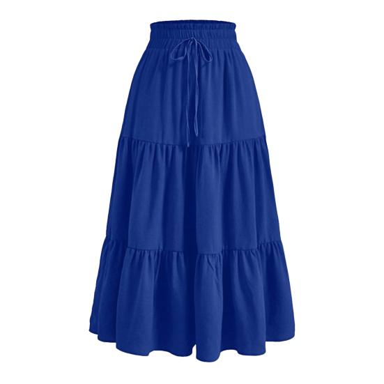 Bohemian Style Women Skirt Elastic High Waist Adjustable Drawstring Cake Skirt Solid Color A-Line Summer Skirt