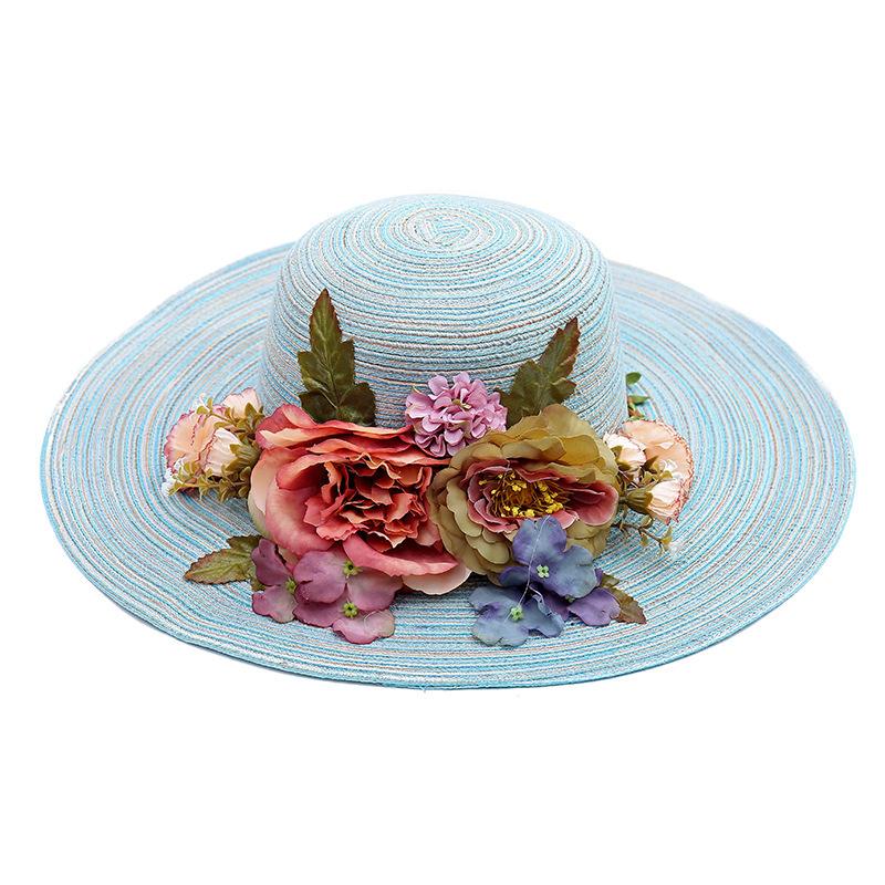 Summer new sunscreen sunshade flower straw hat women's beach travel hand-woven hat foldable big eaves hat