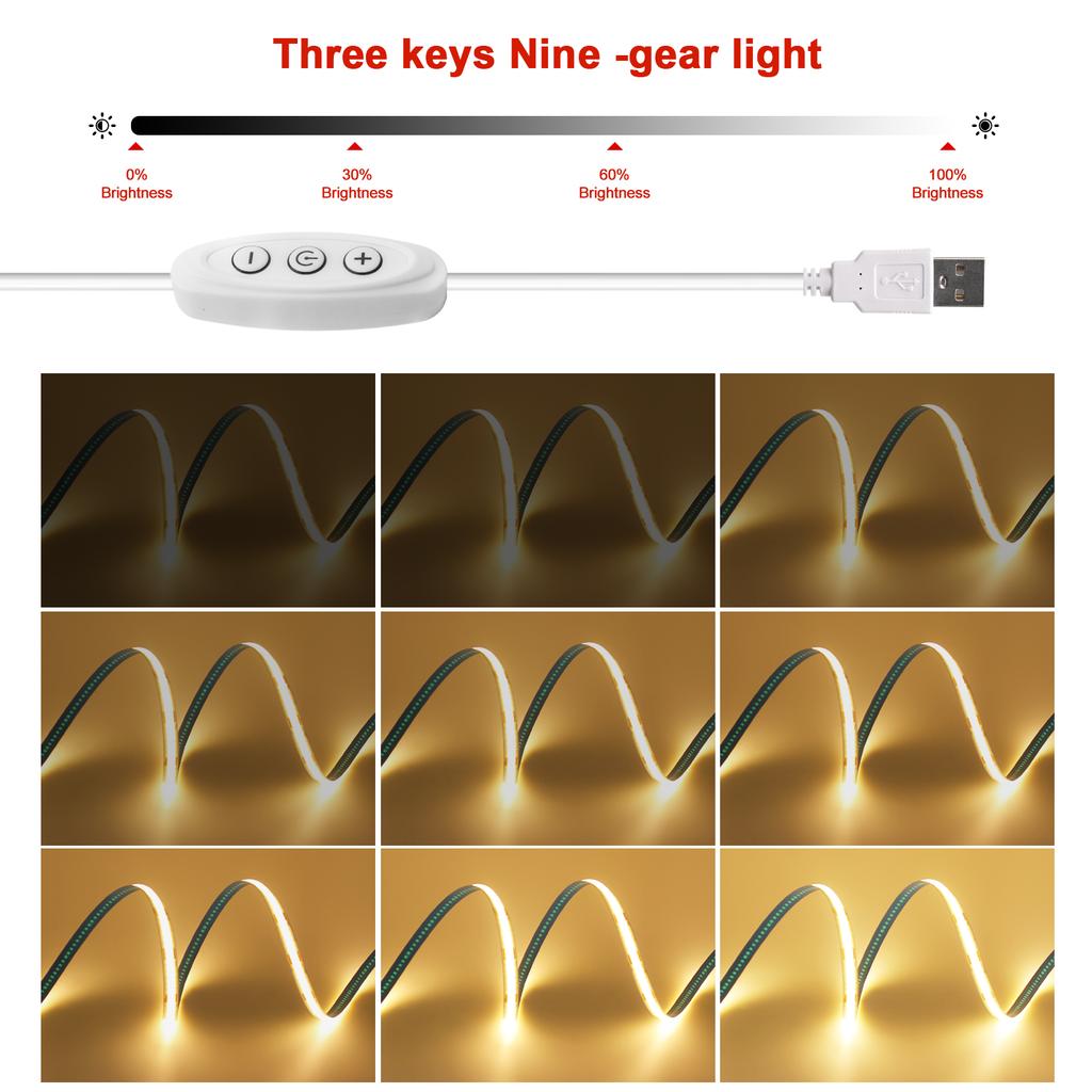 USB LED Strip Light 5V 320LEDs/M COB Dimmable Touch Sensor Switch/ Push Switch Tape DIY TV Mirror Backlight Room Night Lighting