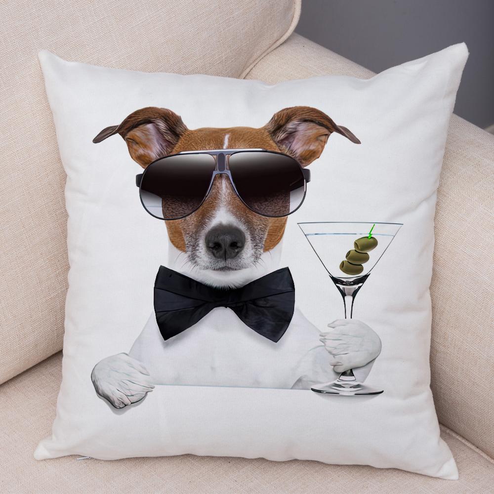 Funny Jack Russell Terrier Cushion Cover Cartoon Dog Wearing Hat Sunglasses Print Soft Living Room Sofa Home Decor Pillow Case