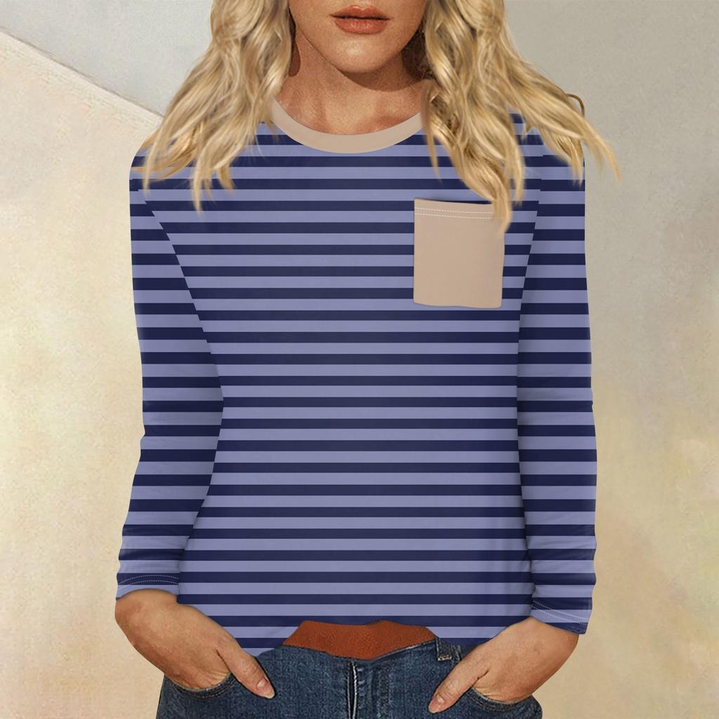 Женский повседневный топ с круглым вырезом и длинными рукавами в полоску с принтом