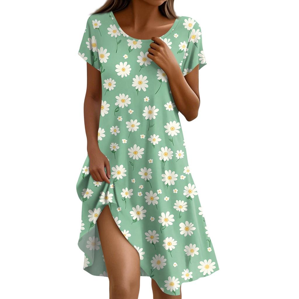 Short Sleeve Boho Dress For Women Casual Loose Fit Sundress Print Round Neck Dress With Pockets